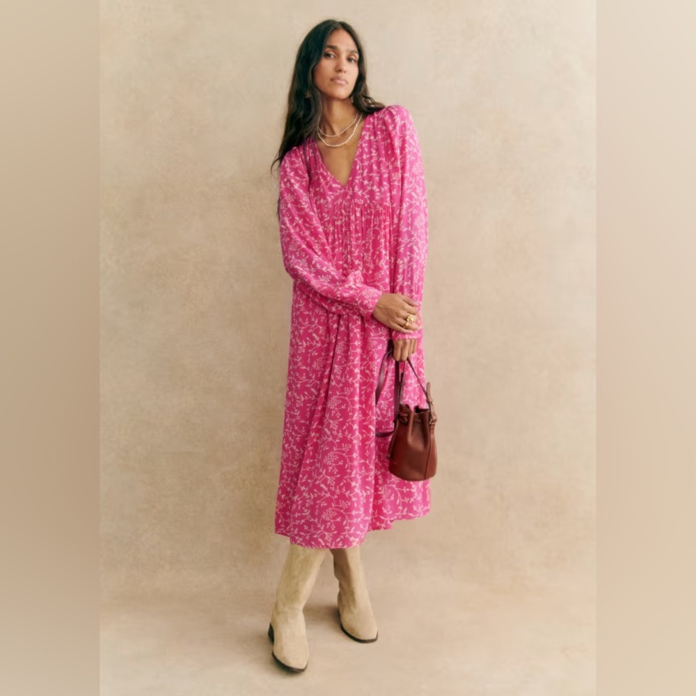 Sezane Pink Printed Midi Dress